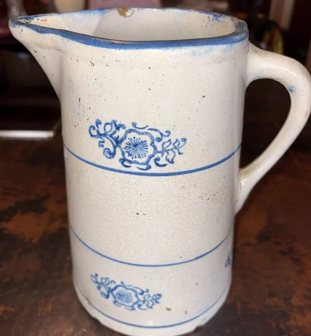 Antique Blue White Stoneware Pitcher Hull Band Stripe Flower Medallion Design